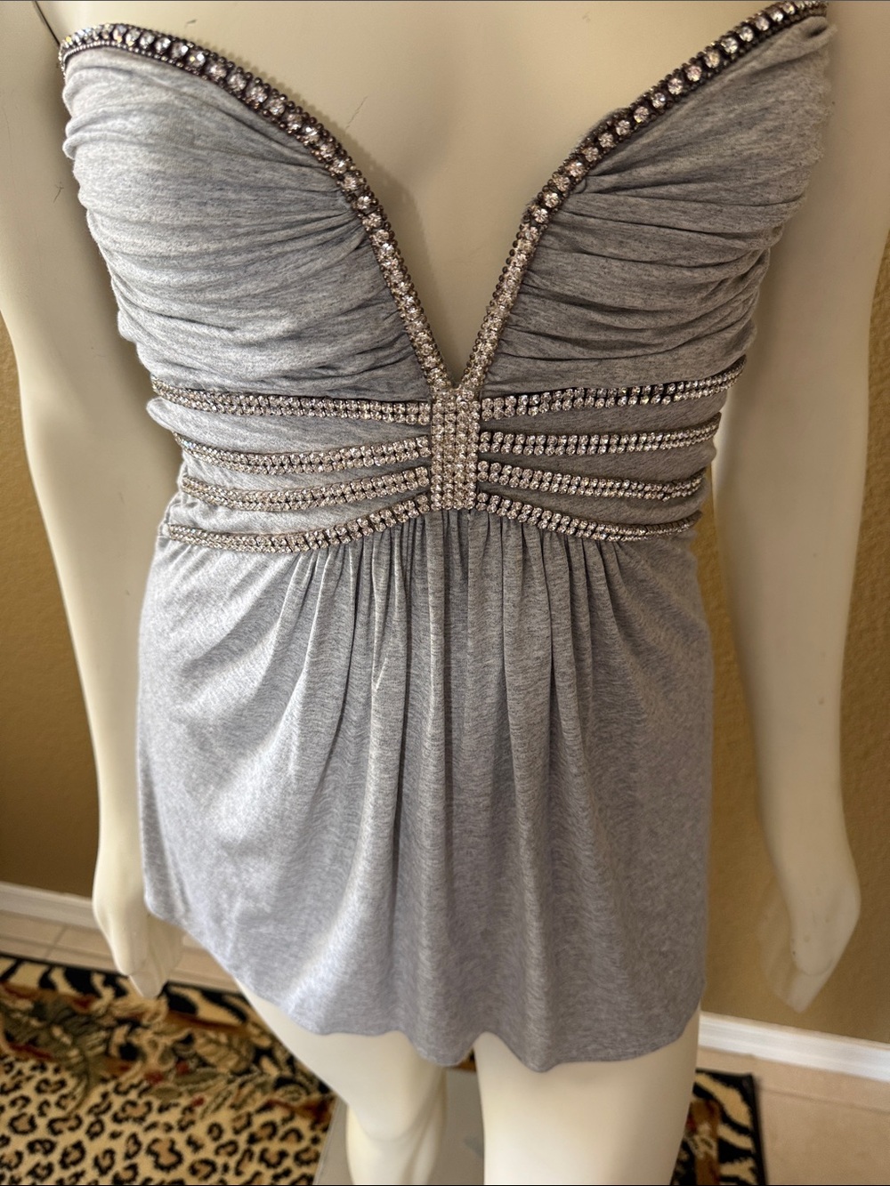 Embellished Plunge Neck Gray Women’s Top